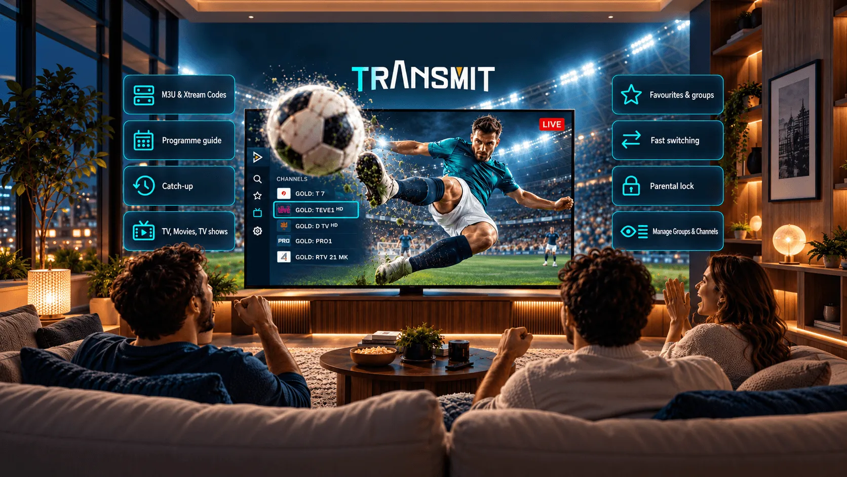 Friends cheering at a football match on a living-room TV running Transmit, with its channel list on screen
